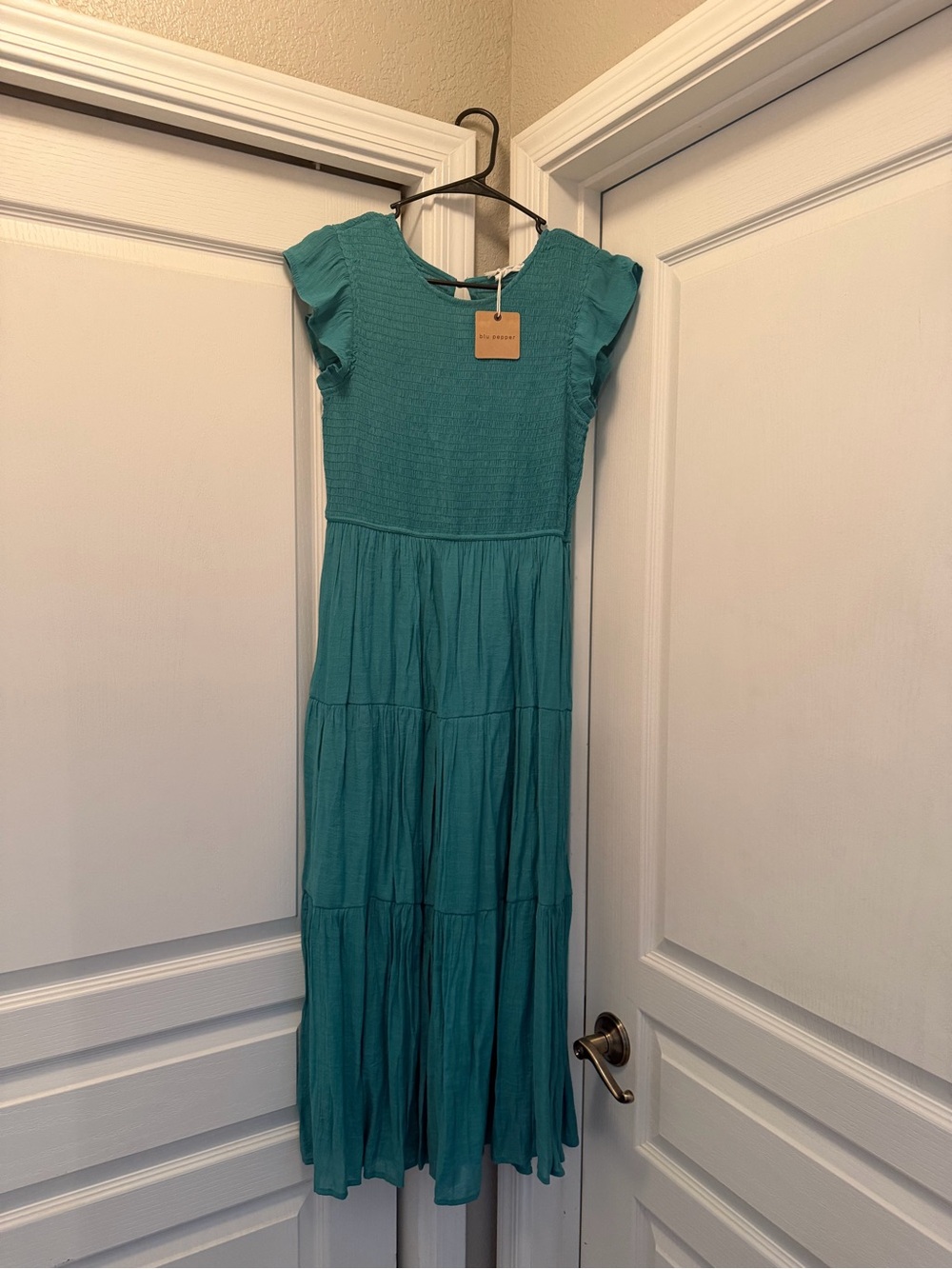 Blu Pepper Teal Ruffle Sleeve Maxi Dress